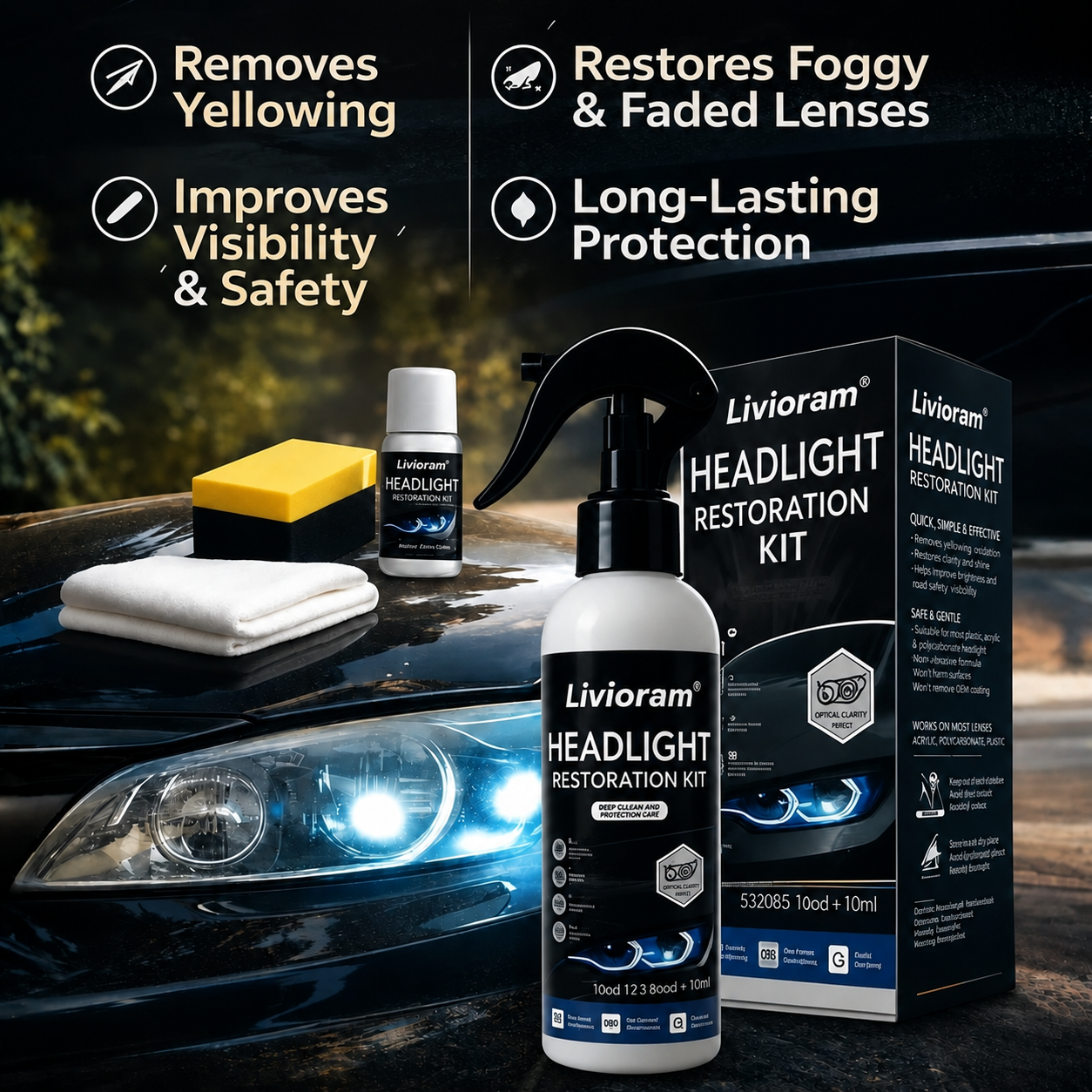 🚘Automotive Headlamp Restoration Fluid Kit – 💡Suitable for Yellowed or Foggy Lenses & Clear Surfaces | Essential for Home & Garage Use🏠